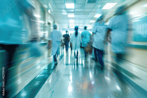 Doctors and medical staff walk down in hospital, Busy corridor in medical clinic with motion blur effect