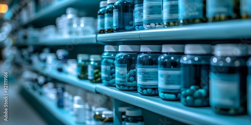 Closeup of organized pharmacy shelves with fake labeled medicines. Concept Pharmacy Shelves, Fake Labels, Organized Display, Closeup Photography photo