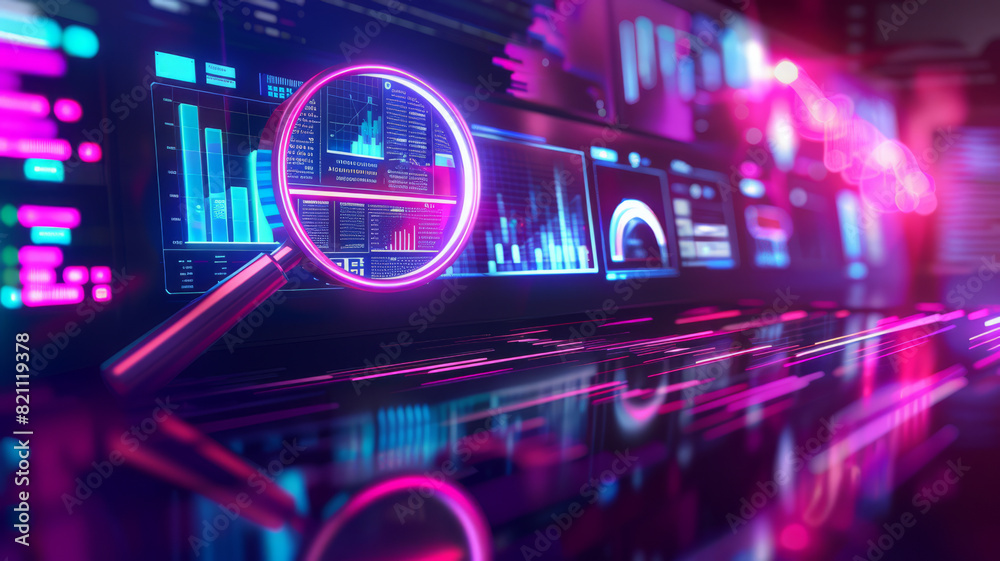 Analyzing SEO Data with a Neon Screen and Digital Magnifier. Concept SEO Analysis Analyzing SEO Data with a Neon Screen and Digital Magnifier. Concept SEO Analysis