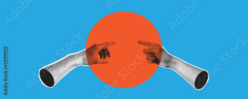 Trendy halftone collage hands. Team idea conception. Hand gestures. Retro halftone crazy style. Contemporary vector illustration. collage element for mixed media concept design