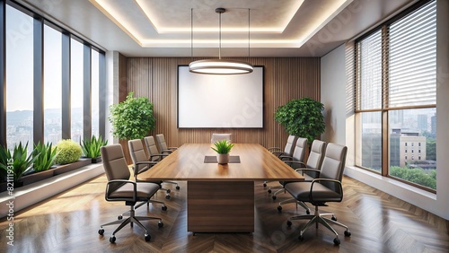 A well-lit boardroom with a blank frame complementing the minimalist decor  presenting a clean and professional atmosphere