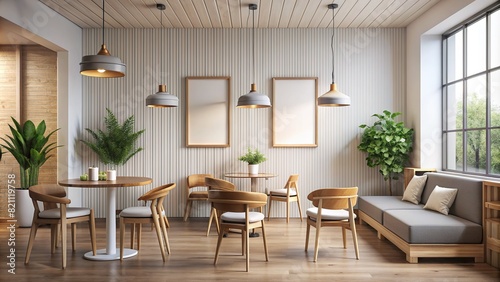 A minimalist cafe with Scandinavian-inspired design and cozy seating areas  featuring a blank frame on the wall  offering a versatile space for rotating artwork or menus