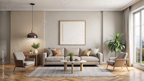 A spacious living room with neutral tones  featuring a blank frame on the wall  exuding a sense of modern minimalism and sophistication