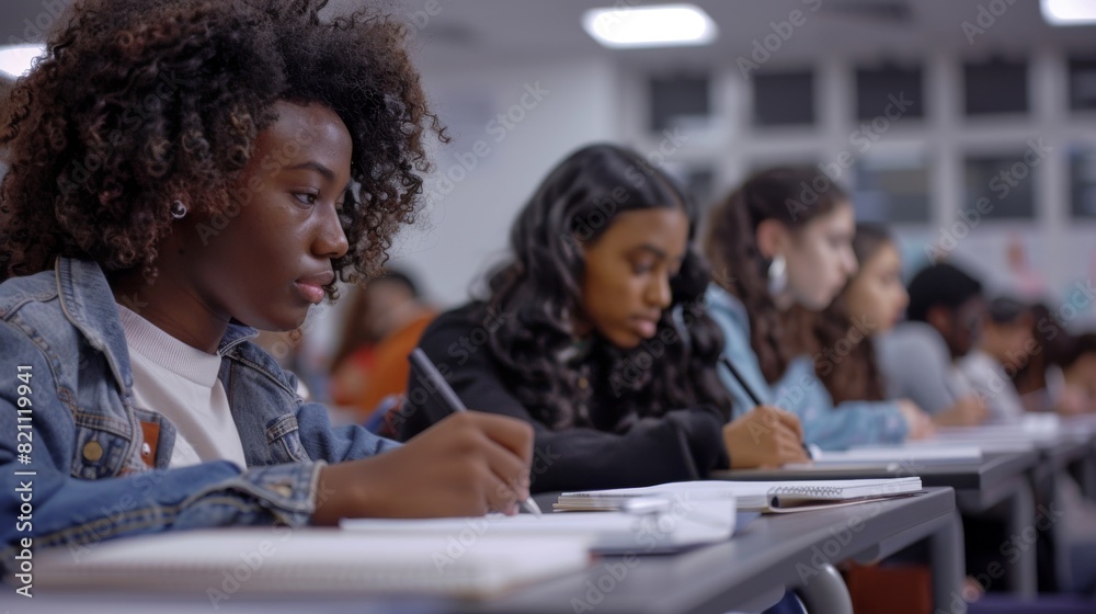 Student row in a classroom holding pens and writing in notebooks, completing an exam or test. Bright young people studying at university can be seen in this moving footage.