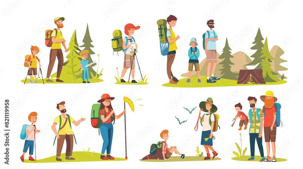 Children and adults in forest Four . Kids parents