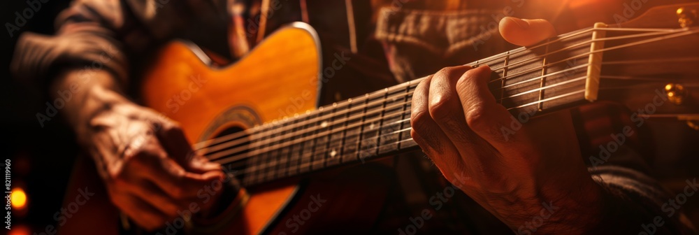 The strings of an acoustic guitar are deftly strummed, showcasing the close-up of a musician's skilled hands in a warm, illuminated setting The strings of an acoustic guitar are deftly strummed, showcasing the close-up of a musician's skilled hands in a warm, illuminated setting