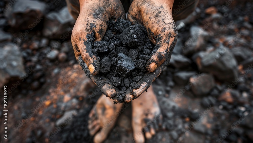 Fototapeta premium Coal Miner Holding a Piece of Coal
