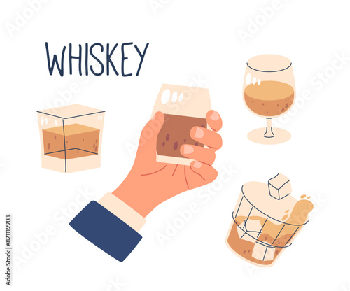 Variety Of Whiskey Glasses With A One Glass Held In Hand Isolated On White Background. Cartoon Vector Illustration