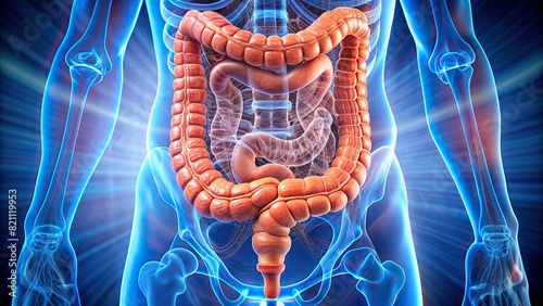 Focus on the large intestine, displaying haustra and colonic mucosa photo