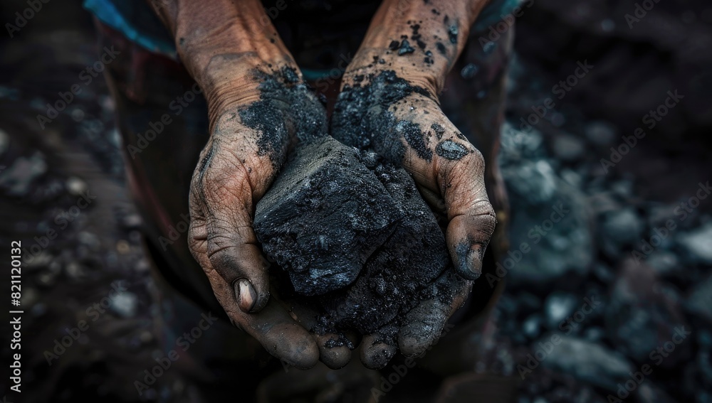 Fototapeta premium Dirty Hand Holding Raw Coal