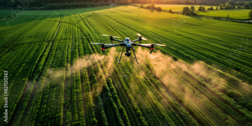 Modern technologies agriculture.  industrial drone flies over green field sprays useful pesticides