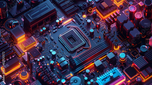 Close-up of a computer circuit board with a central processing chip