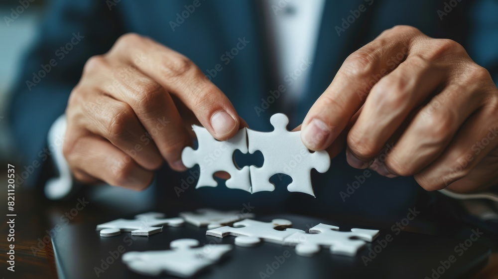 A Man Completing Puzzle Pieces A Man Completing Puzzle Pieces