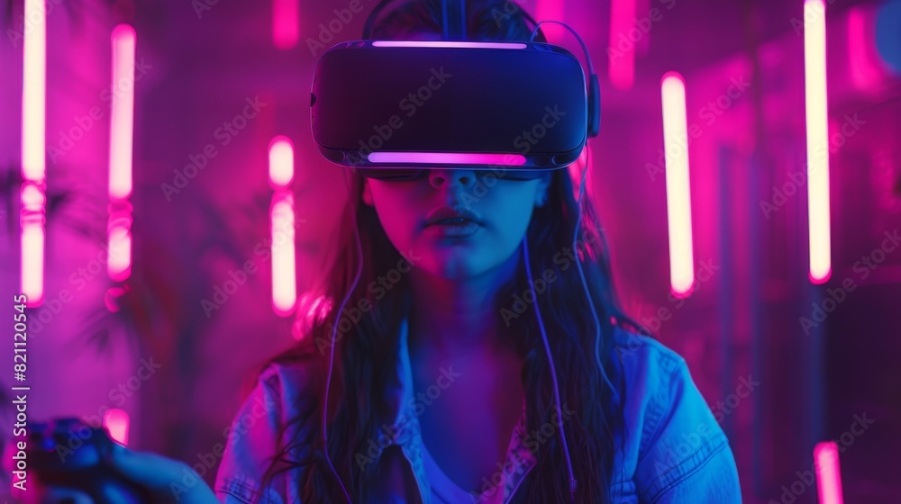 Stunning Young Girl Wears Virtual Reality Headset Using Joysticks / Controllers. A talented Young Girl Creates Concept Art Using Augmented Reality. Playing Online Video Game. Neon Retro Lights Stunning Young Girl Wears Virtual Reality Headset Using Joysticks / Controllers. A talented Young Girl Creates Concept Art Using Augmented Reality. Playing Online Video Game. Neon Retro Lights
