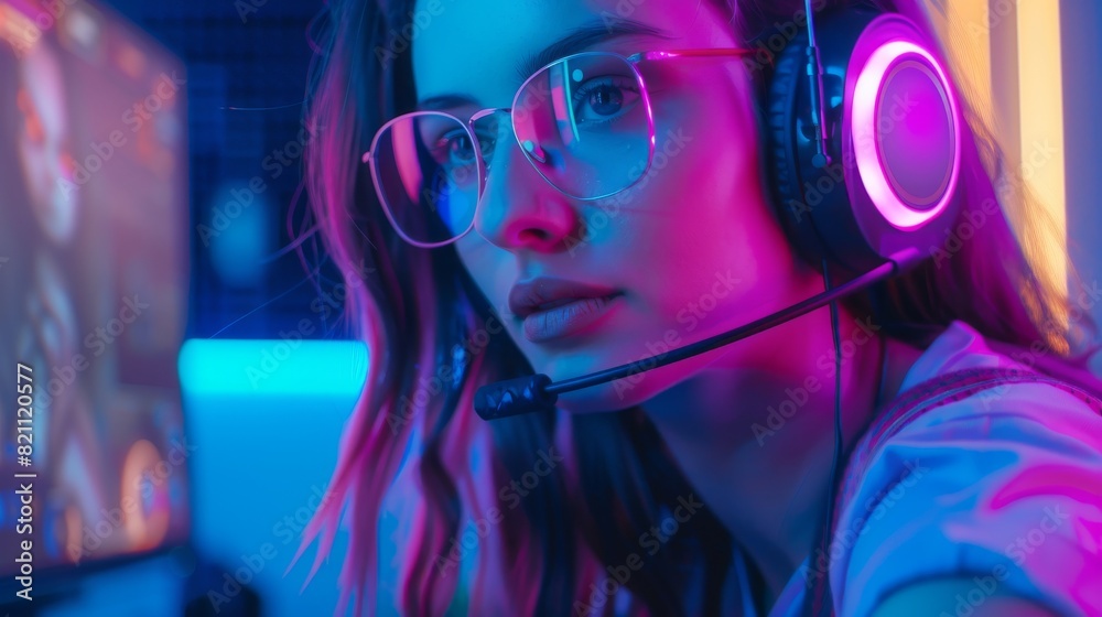 Gamer Girl Playing Online First-Person Shooter Video Game on Her Computer. Casual Geek Wearing Glasses and Headset. Neon Room. eSport Cyber Games Internet. Gamer Girl Playing Online First-Person Shooter Video Game on Her Computer. Casual Geek Wearing Glasses and Headset. Neon Room. eSport Cyber Games Internet.