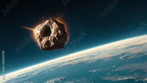 An asteroid flying towards Earth, seen from space