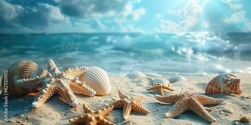 Starfish and seashells on a sunny beach