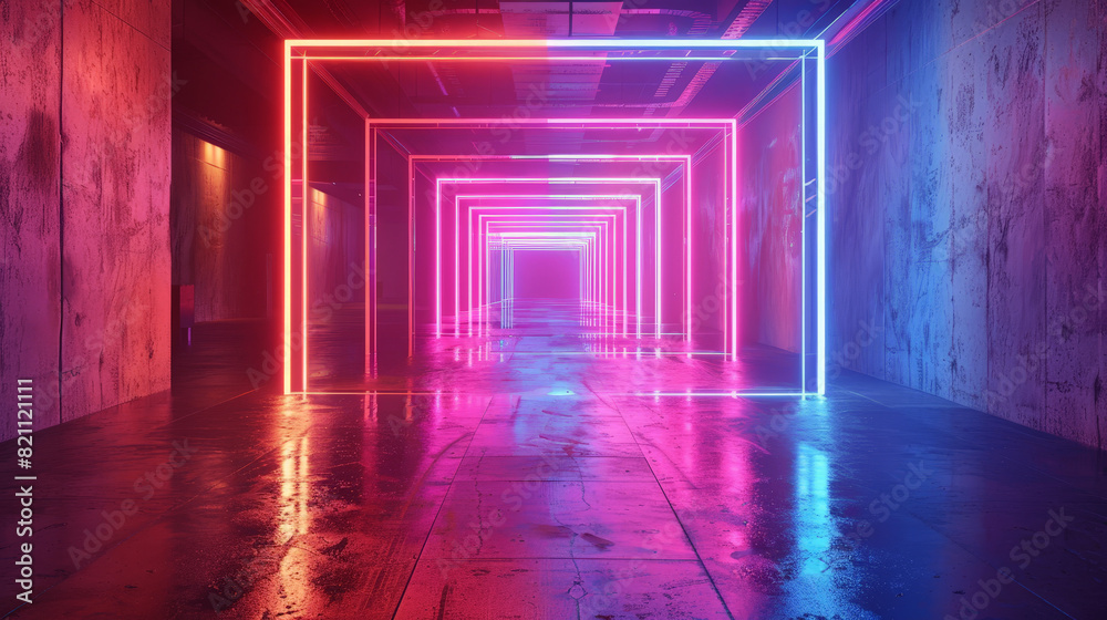 An empty, long corridor bathed in purple light, with a single vanishing point at the distant end An empty, long corridor bathed in purple light, with a single vanishing point at the distant end