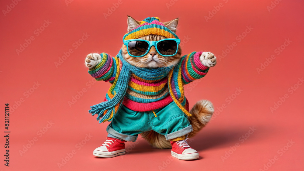 Yellow cat wearing clothes and glasses with red background. Portrait of a cute little kitty cat . Posing at a photoshoot in Hiphop clothes with a colored view Yellow cat wearing clothes and glasses with red background. Portrait of a cute little kitty cat . Posing at a photoshoot in Hiphop clothes with a colored view