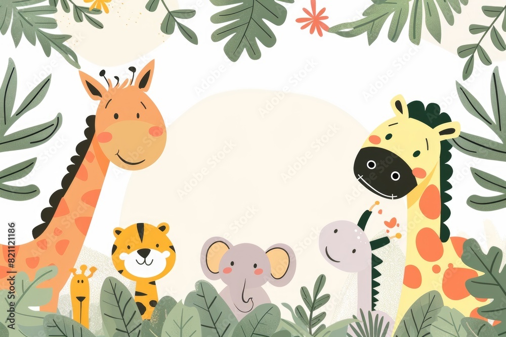 Naklejka premium Adorable Safari Animals Cartoon Illustration for Children's Decor