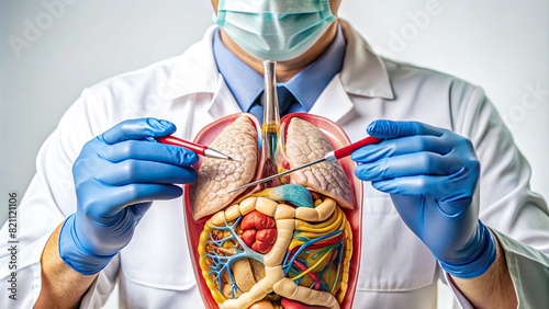A detailed close-up of a doctor's hand meticulously dissecting the intricate components of an organ system against a sterile white background photo