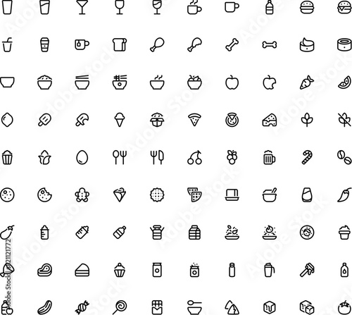 Icon set of food symbols. Including vegan food, sweet food, snacks, organic food and more.