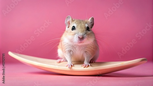 Gerbil on a miniature surfboard on a pink background