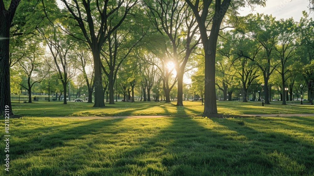 Golden Glow: Sunlight Peeking Through Verdant Canopy at Park Golden Glow: Sunlight Peeking Through Verdant Canopy at Park