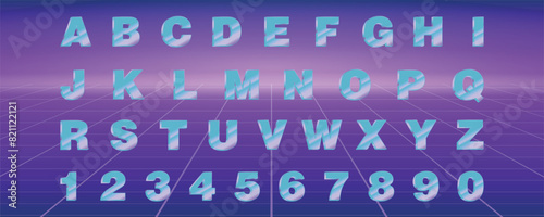 80 s retro alphabet font. Metallic effect type letters and numbers. Vector typeface for your design.