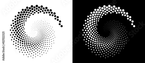 Modern abstract background. Halftone dots in circle form. Round logo, design element or icon. Vector dotted frame. A black figure on a white background and an equally white figure on the black side.