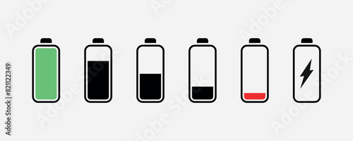 Battery icon set. High quality colorful style vector icons. Green 100% 75%, orange 50%, red 25% 0, batteries. Batery charge indicator. Technology concept. Vector line icon for Business and Advertising