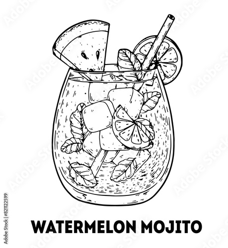Watermelon mojito cocktail illustration. Hand drawn sketch. Vector illustration. Isolated object.