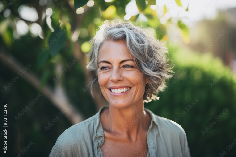 Portrait of a grinning woman in her 50s smiling at the camera over solid pastel color wall