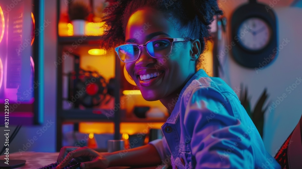 Obraz premium An excited black gamer girl is playing a video game on her PC. The room and PC are lit by blue neon leds.