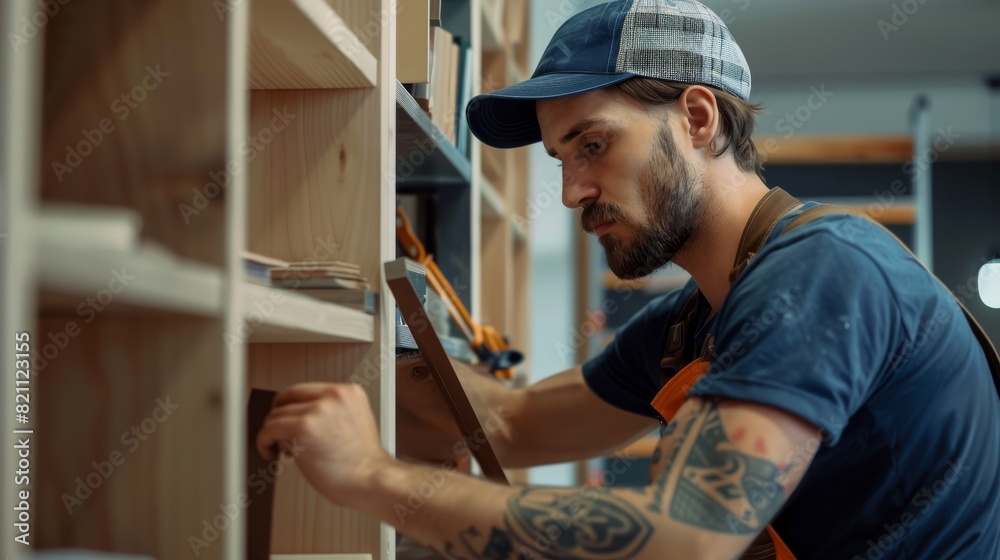 Professional Handyman Assembles Bookshelf. Helping People Who Move into New Houses. Professional Handyman Assembles Bookshelf. Helping People Who Move into New Houses.