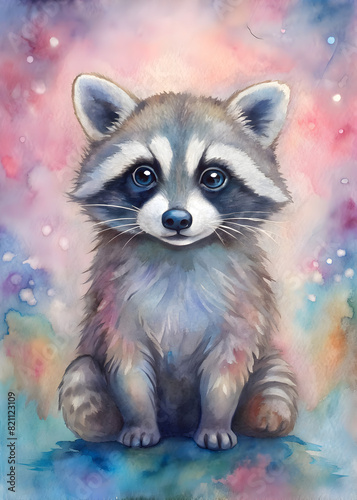 Cute Lovable Baby Raccoon on a Pastel Background: Dreamy Pastel Palette, Soft Delightful Watercolor Colors