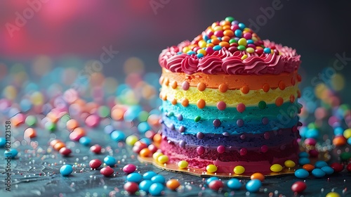 A vibrant rainbow-themed birthday cake adorned with layers of brightly colored frosting and candy decorations