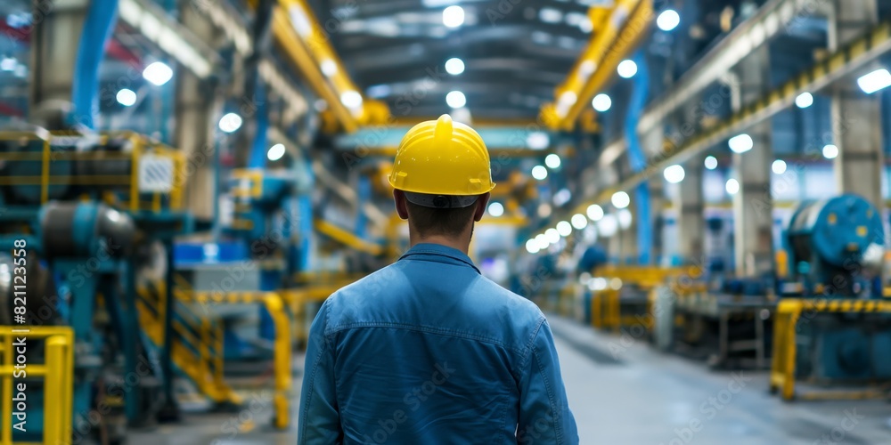 A rear view of a factory worker wearing a yellow safety helmet standing amidst heavy machinery