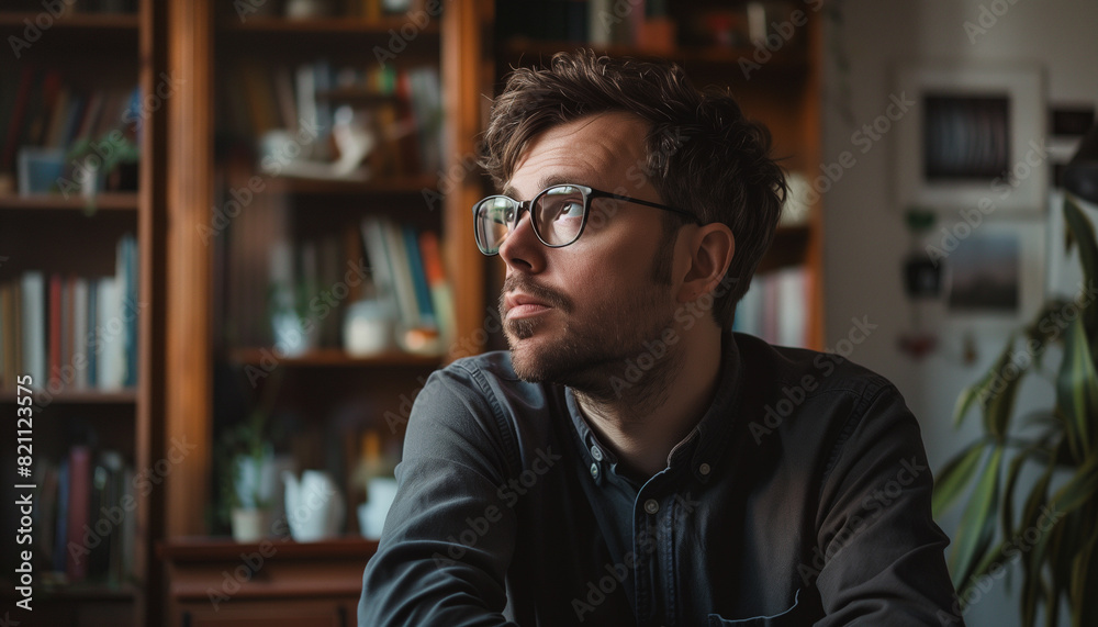 Man with glasses looks away Man with glasses looks away