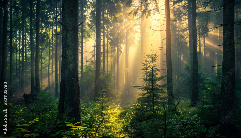 Obraz premium Sun rays in misty forest