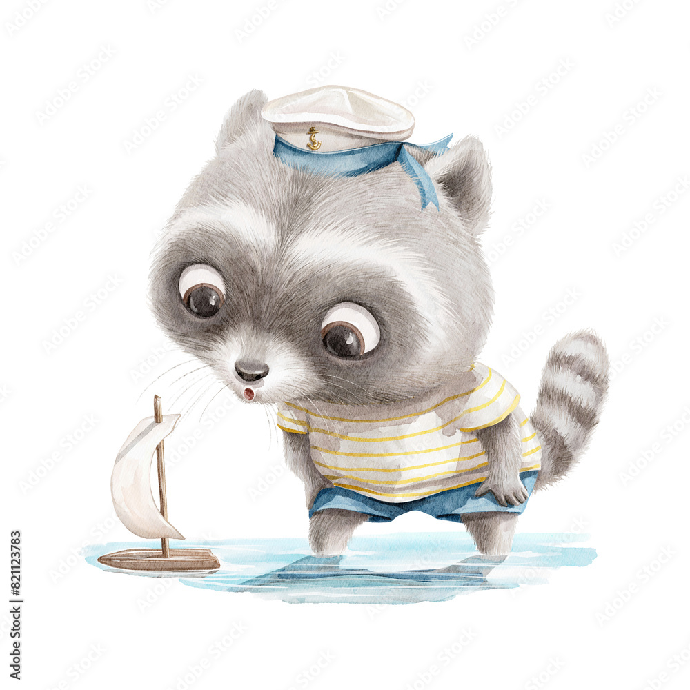 Cute cartoon little raccoon character animal in clothes launches paper