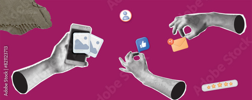 Arm points finger at hearts. Contemporary art. Abstract pop art magazine style. Feedback sign. Social media announcing promotion and marketing. Vector illustration