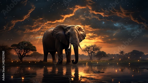 A large elephant standing guard over its sleeping herd under the full moon  showcasing its role as protector in the wild