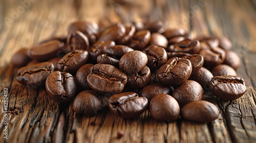 Aromatic Roasted Coffee Beans on Rustic Wooden Table in Vintage Style with Warm Lighting and High Detail