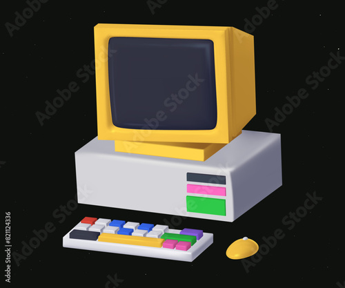 3D web vector illustration of computer in retro style. Vintage computer aesthetics Y2K.