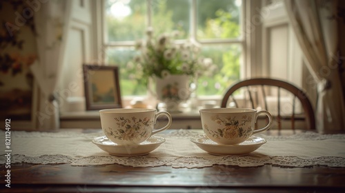 Vintage Tea Party with Ceramic Tea Warmers  Delicate Cups  and Lace Tablecloth in Sepia Tone Elegance