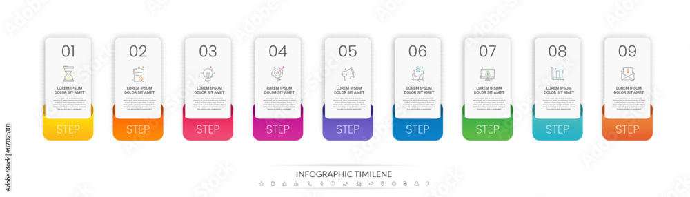 Nine steps vector rectangle infographics. Business illustration with ...
