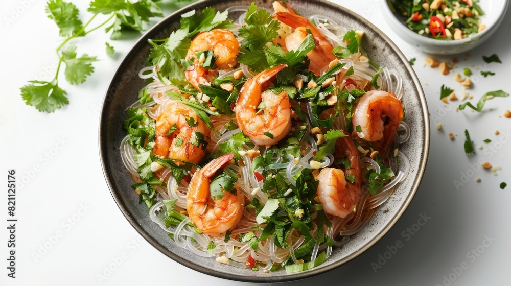 Vibrant Thai Glass Noodle Salad with Shrimp and Fresh Herbs on White Background