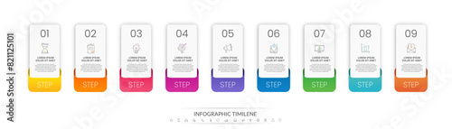 Nine steps vector rectangle infographics. Business illustration with abstract background. Used for for diagram, flowchart, banner, presentations, web, content, levels, chart, graphic