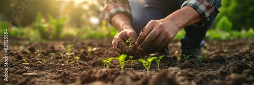 Hands of a farmer nurturing young seedlings in fertile soil, depicting sustainable agriculture practices